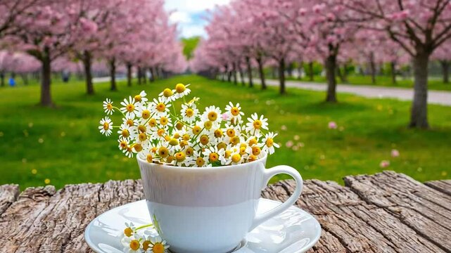 White cup filled with chamomile flowers on wooden table against park with blooming trees in spring