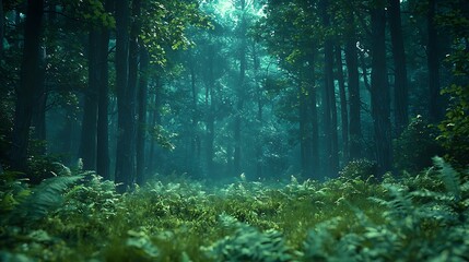 Obraz premium Light streams through dense trees in a vibrant forest, illuminating the lush green undergrowth