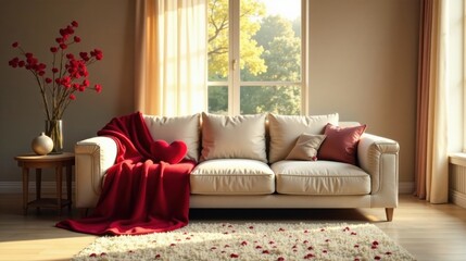 Romantic Living Room Ambiance with Cream Sofa, Red Throw, and Heart-Shaped Pillow, Sunlit Window View, and Scattered Petals on a Shag Rug