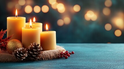 Four lit beeswax candles on burlap with autumn decor, bokeh background.