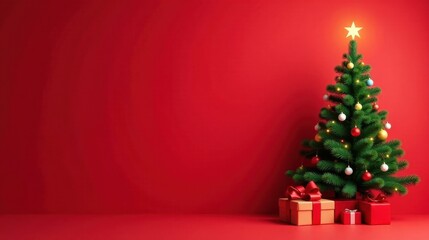 Festive Holiday Scene Featuring Decorated Christmas Tree and Wrapped Gifts Against a Vibrant Red Background
