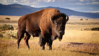 Majestic Bison Amidst the Open Range Towering Grandeur and Endless Plains Captured in a Striking Moment at Sunset