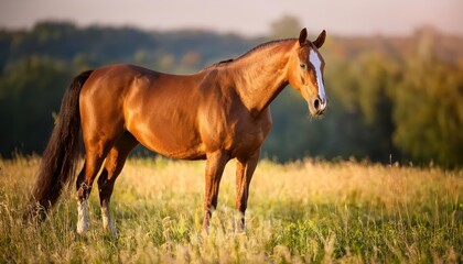 Fototapeta premium Thoroughbred Horse Mare Grazing Peacefully in a Lush Pasture at Dawn Serene and Majestic Beauty of Nature Captured, Perfect for Artwork, Home Decor, or Inspiration.