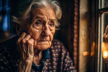 Fototapeta premium Minimalism. Portrait of an old elderly woman, a pensioner, a concept of the life of the elderly, health, loneliness and memory loss.