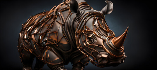 Rhino made of wavy copper metal with easy curves and ribbons,  ai generative