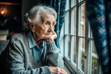 Minimalism. Portrait of an old elderly woman, a pensioner, a concept of the life of the elderly, health, loneliness and memory loss.