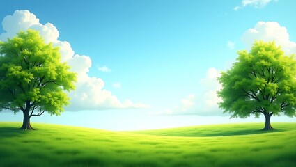 Fototapeta premium Vibrant Spring Nature Backdrop with Lush Trees, Pristine Lawn, and Clear Blue Sky with Soft Clouds – Generative AI