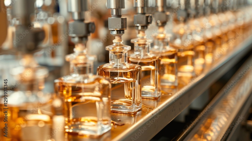 Poster A busy production line fills glass perfume bottles with a golden fragrance. Machines operate smoothly, ensuring each bottle is accurately filled, showcasing modern manufacturing techniques.