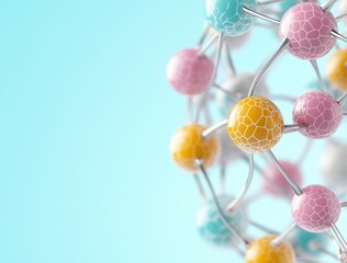 Fototapeta premium Abstract pastel spheres interconnected by thin silver wires against a light blue background. 3D rendering of a complex network or molecular