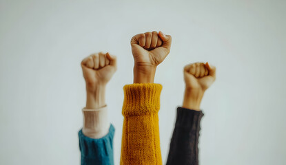 group of multi-ethnic arms raised in fist on white background