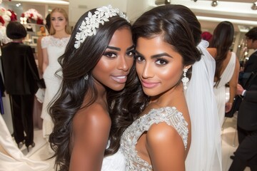 Fototapeta premium Two elegantly dressed women pose together, showcasing beautiful hairstyles and makeup, with a bridal backdrop.