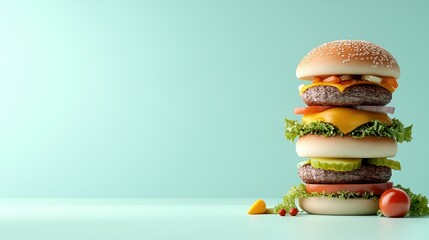 Delicious triple-decker burger with cheese, lettuce, tomato, onion, and pickles on a light blue background.