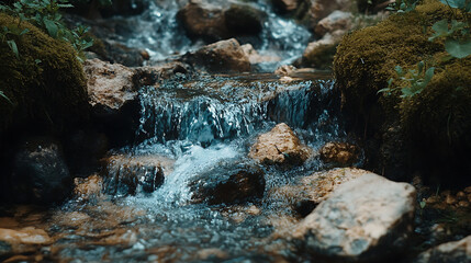 Fototapeta premium A gurgling stream with smooth stones, flowing gently through a lush green forest under a bright blue sky