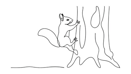 Obraz premium OneLine Drawing of a Squirrel Climbing a Tree