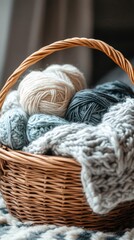 Woven Basket Filled with Colorful Yarn and Knitted Items