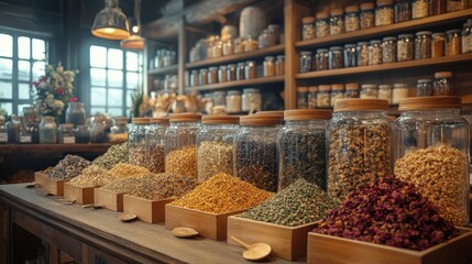 Dried herbs, flowers, teas displayed in jars, boxes in a vintage shop