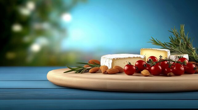 Brie cheese and cherry tomatoes on wooden platter with almonds and rosemary - Powered by Adobe