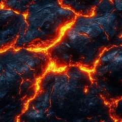 Vivid orange-yellow lava cascades diagonally across the scene, its glowing heart casting an intense warmth that dances through the rich, fiery textures