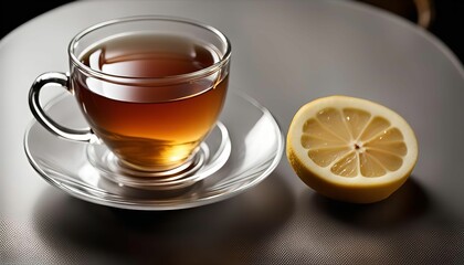 A cup of tea with a lemon slice