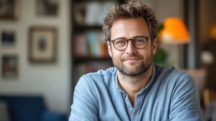 Obraz premium Portrait of a smiling man with glasses in a cozy home setting with books and warm lighting casting a positive and friendly mood