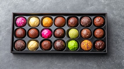 Assortment of colorful chocolate truffles in a black box on a gray background. Overhead shot, showcasing various textures and colors