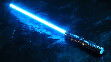 Glowing blue lightsaber on a rock
