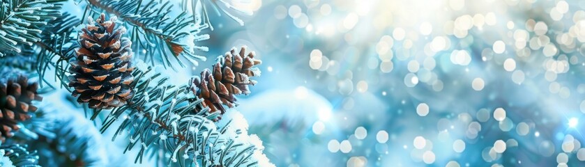 Fototapeta premium Winter natural blue snow background frame with copy space and beautiful light fir branches forest frost and snow bokeh.