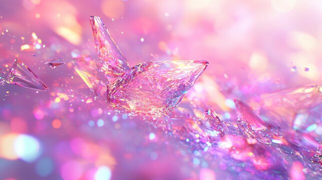 Sparkling crystal shards on a soft pink backdrop, creating a dreamy and ethereal atmosphere, with delicate light and shadow play, captured with a macro lens.