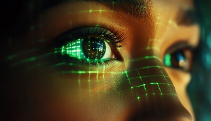 The eye reflects a grid of green data and lines