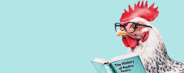 A humorous chicken wearing glasses reads a book titled "The History of Poultry.