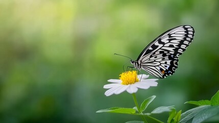 Obraz premium Black and white butterfly perched on a small white flower with yellow center, soft green bokeh background, sunlight