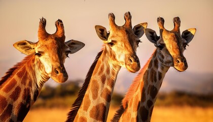 Fototapeta premium Majestic Trio Three Giraffes Gazing at the Camera in a Peaceful African Sunset, Silhouetted against the Vibrant Sky and Golden Grasslands, Capturing an Enchanting Moment in Africas Natural