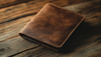 stylish  wallet made of leather in brown color  for mens 
 isolated on wooden  background 