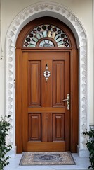 Ornate Wooden Entrance Archway with Stained Glass