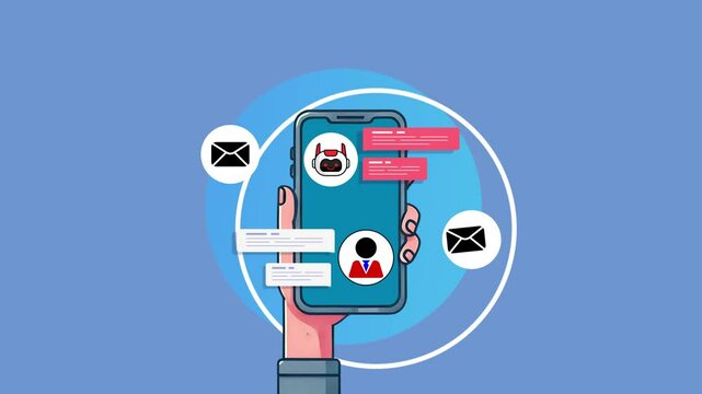 AI-Powered Chatbot Interaction &ndash; Animated Visualization of a Man Engaging in a Smart Conversation with a Virtual Assistant on a Mobile Support App