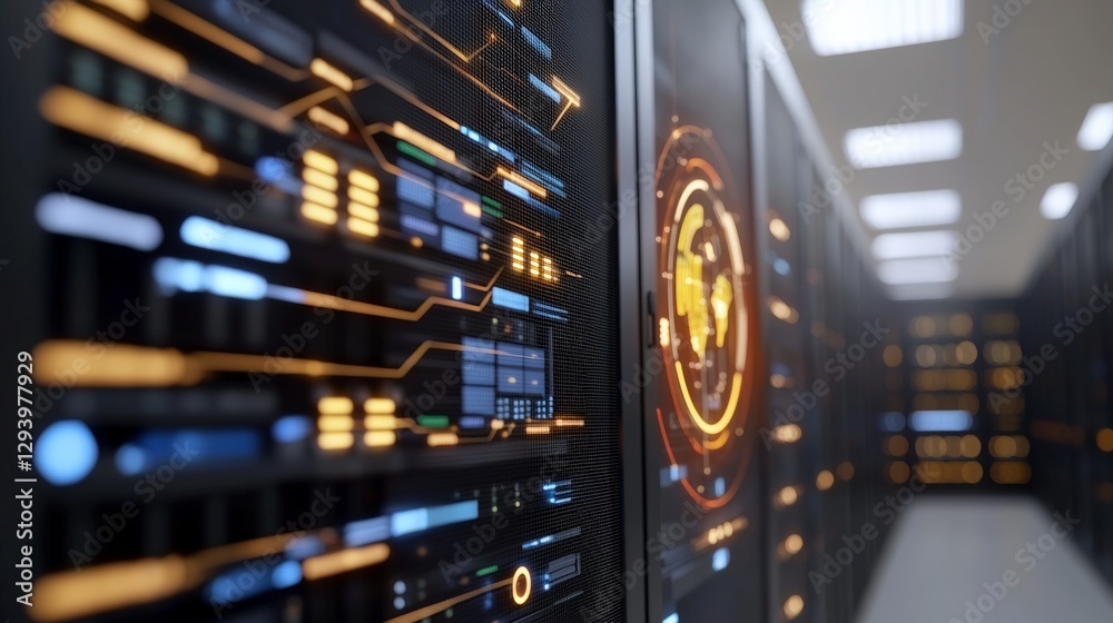 Poster futuristic data center with advanced technology and digital interfaces in server room environment