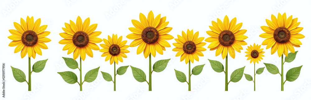 Poster Isolated Sunflower Row In A Simple Floral Design Element On White Background, Perfect For Use As A Png Cutout.