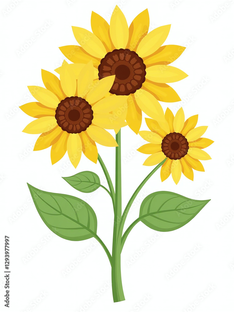 Poster isolated sunflower row in a simple floral design element on white background, perfect for use as a p