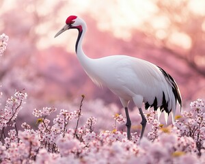 Naklejka premium Elegant crane in a blooming landscape.