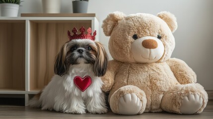 Shih Tzu dog wearing a crown sits beside a teddy bear
