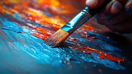 Fototapeta premium Close-up of hand painting vibrant, textured strokes of blue, red, and orange oil paint on canvas.
