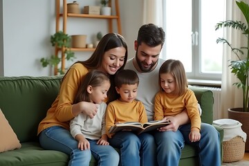 Fototapeta premium Happy family reading a book together on a green couch in their living room.