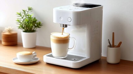 A professional-grade espresso machine steaming milk with a foamy texture, ready for a latte.