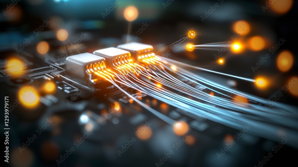Poster abstract visualization of circuit board with illuminated components and glowing connections in techn