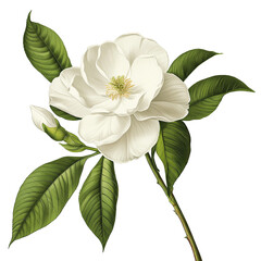 Obraz premium Elegant White Magnolia Flower with Green Leaves - Botanical Illustration, isolated with transparent background
