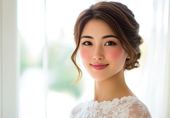 A beautiful Japanese woman in her early to mid-20s with fair skin, wearing white lace and satin . She has brown hair styled into an elegant updo hairstyle
