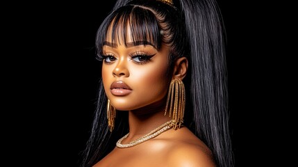 Fototapeta premium Closeup portrait of a young woman with dark skin and long black braids styled in a high ponytail. She's wearing gold earrings and a pearl necklace