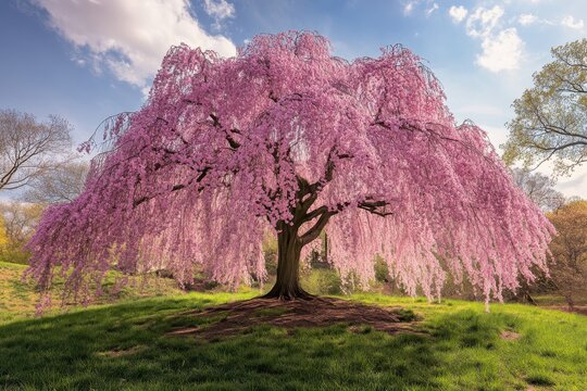 A stunning springtime view of a weeping cherry tree in bloom at arnold arboretum, jamaica plain, perfect for nature lovers and landscape photography enthusiasts