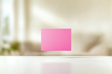 Bright pink sticky note floats above clean surface, creating mod