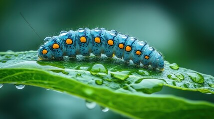 Fototapeta premium Vibrant blue caterpillar with orange dots crawling on a dew-covered green leaf.